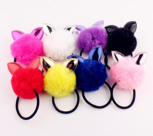 8 Pieces Cute Pom Pom Ball Rabbit Ear Hair Tie Rope Rubber Bands Elastic Ponytail Holders