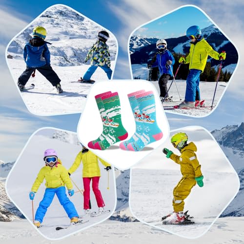 SkiBeaut Kids Ski Socks, 2 Pairs Knee-high Thick Warm Snowboard Skating Skiing Socks for Boys Girls Toddler Youth, Age 3-123