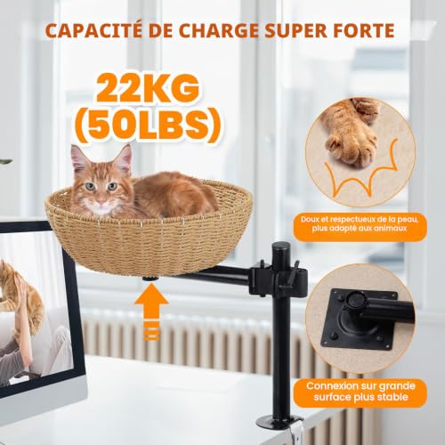 Lit pour chat bureau avec fixation sans perçage et panier surélevé ajustable