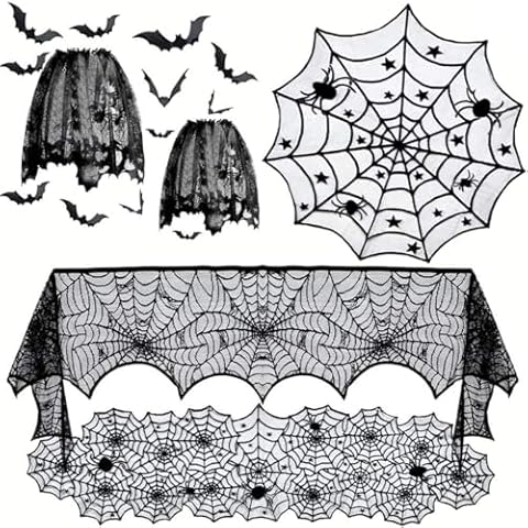 JOERRES 6 Pieces Halloween Decorations Sets,Halloween lace Round Tablecloth，Spooky Bat Spiderweb Lace Rectangular Tablecloth，Fireplace Mantel Scarf and Spider Lampshade with 12pcs Scary 3D Bat. Cover