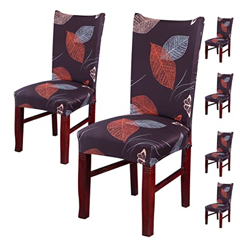 Image of House of Quirk Elastic Chair Cover Stretch Removable Washable Short Dining Chair Cover Protector Seat Slipcover (Pack of 6, Choco Leaf)