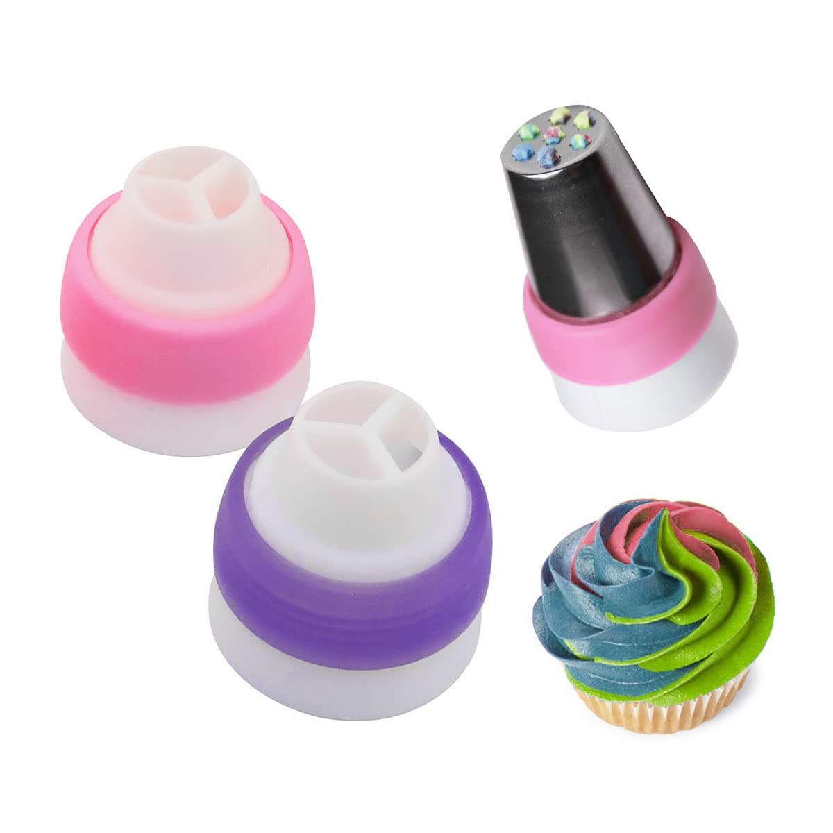 Set 4 Beccucci Convertitori Russi Per Torte - Accoppiatori Pasta Di Zucchero 3 Colori - Monoforo E Triforo - Rosa E Viola