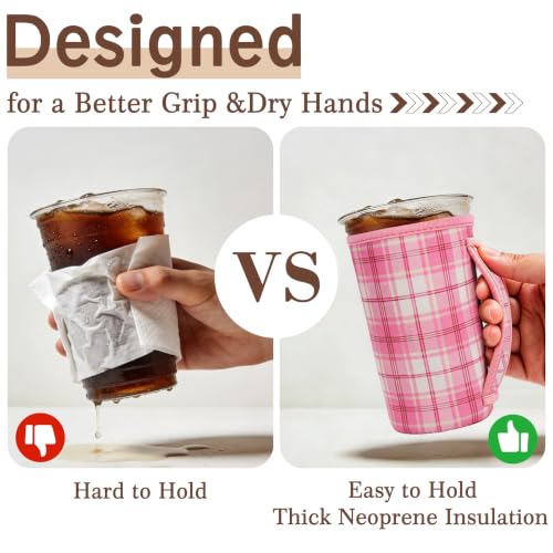 Image of KJQJLY 3 Reusable Iced Coffee Sleeves for Iced Coffee Cups or Drinks Reusable Neoprene Insulated Sleeves for Hot and Cold Drinks from Starbucks, Dunkin, And More (Preppy Pink Plaid)