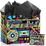 80's 90's Birthday Gift Bag Retro Hip Hop Birthday Party Decorations Rock and Roll Hippie Gift Wrapping Paper Bag with Greeting Card for 1980s 1990s Hip Hop Party Retro Neon Party Favor Supplies