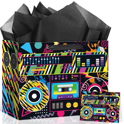 80's 90's Birthday Gift Bag Retro Hip Hop Birthday Party Decorations Rock and Roll Hippie Gift Wrapping Paper Bag with Greeting Card for 1980s 1990s Hip Hop Party Retro Neon Party Favor Supplies