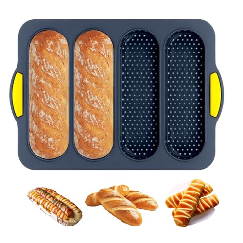 Obsoorth Silicone Bread Loaf Pan 4-cavity Non-Stick Baguette Bread Pan Heat Resistant Hot Dog Bun Mold for Sub Roll Baking Pan Bread Pans for Homemade BreadGray