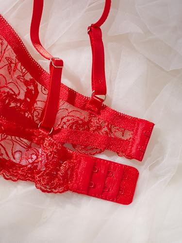 Image of Sexy Floral Embroidered Flower Mesh Underwire Push Up Lingerie Set