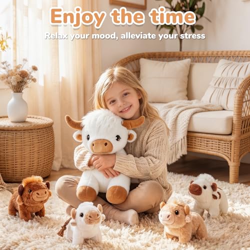 Image of gnomantic Highland Cow Stuffed Animals with Babies, Mommy Toy for Kids | 5-Piece set: 1 mommy highland cow + 4 surprise babies inside. Unzip belly to reveal babies. Ultra-soft, safe for ages 3-8.