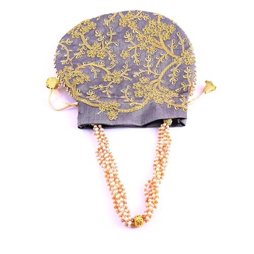 Image of Handcrafted Potli Purse with Golden Floral Embroidery and Pearl Accents
