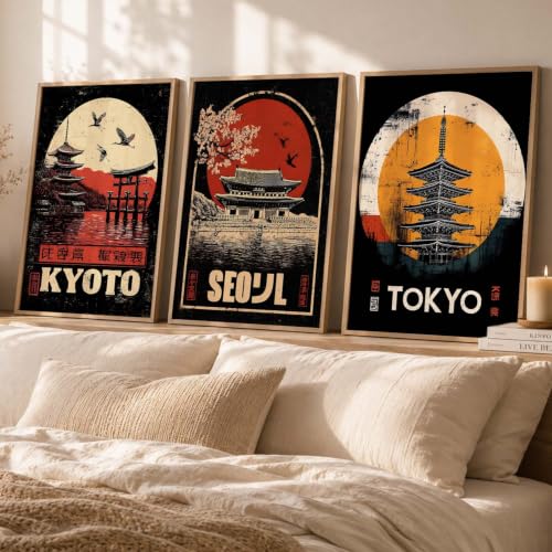 Image of kotart Japanese City View Wall Framed Posters | Aesthetic Japan Theme City View Framed Poster for Living Room Bedroom Gaming Room Studio Wall Decor Set Of 3 (20x30 Inch)