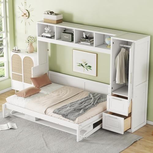 MERITLINE Full Murphy Bed with Wardrobe Closet,2 Drawer,4 Storage Open Shelves,Wood Folding Murphy Wall Bed Cabinet (White,Full)