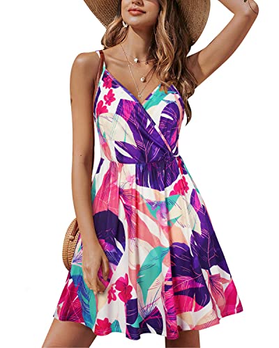 STYLEWORD Women's V Neck Floral Spaghetti Strap Summer Casual Swing Dress with Pocket(Floral34-412,S)