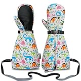 Andake キッズスキーミトン手袋 ロングカフ付き 防水 冬 暖かいスノーグローブ 幼児 赤ちゃん 女の子 男の子 (恐竜、1-2歳)