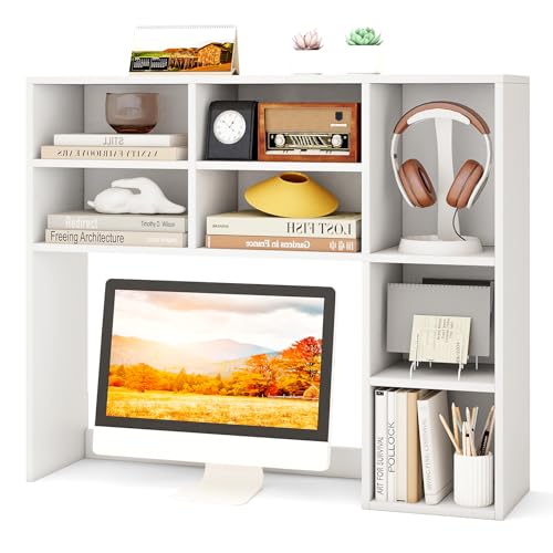 Image of Tangkula Desktop Bookshelf, 37 inch Countertop Storage Hutch with 7 Cubes & 3 Adjustable Shelves, 3-Tier Desk Display Rack Organizer, Multipurpose Wood Desktop Hutch for Dorm Home Office (White)