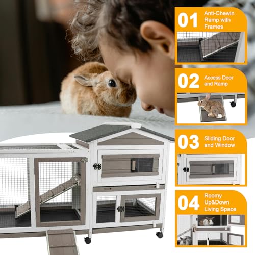 Petscosset Rabbit Hutch Indoor And Outdoor 2-Story Rabbit Cage With Pull Out Tray,Fir Wood Pet House With Wooden Ramp,Waterproof Bunny Cage Indoor With 2 Asphalt Roofs,Grey thumb #2