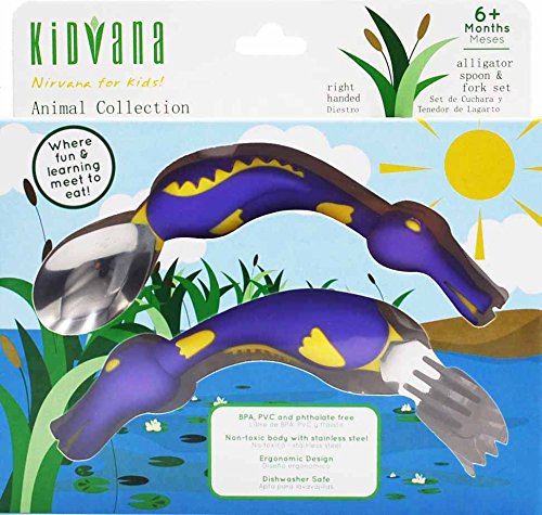 Fork and Spoon Cutlery Set for Children and Toddlers with Ergonomic Design - Purple Alligator Animal Collection BPA Free nontoxic Stainless Steel Fun and Safe Utensil for Kids