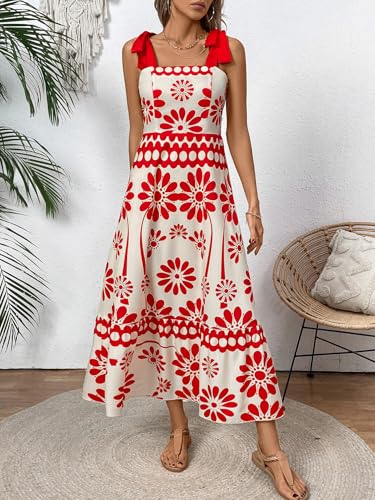 Image of Women's Floral Print Maxi Dress - Adjustable Tie-Shoulder, Lightweight Beach & Summer