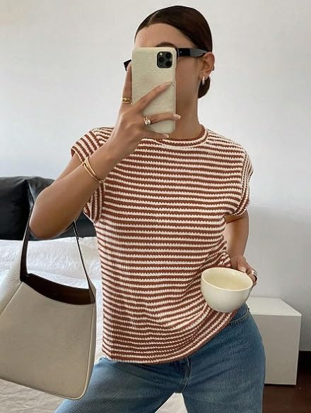 Image of Jawdrobe Women's Striped Western Top Round Neck Cap Sleeve T-Shirt for Women