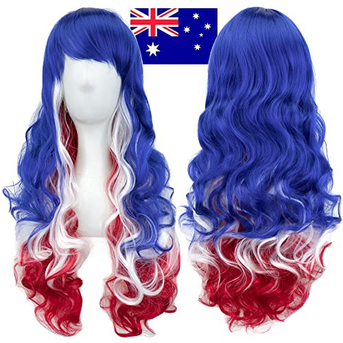 IMISSU Flag Color Design Hair Cosplay Wigs with Bangs Halloween Costume Wig (AU Flag Blue White Red)