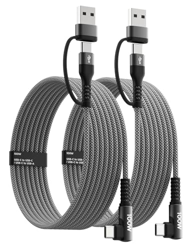 100W Fast USB C Charger Cable Right Angle, USB A/C to USB C Cable, 90 Degree Type C Braided Charging Cord for iPhone 17 16 15 Series,Samsung UItra S25 S24,MacBook (2, Grey, 4ft)