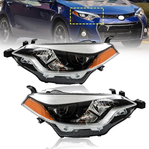 Headlight Assembly Compatible with 2014-2016 Toyota Corolla Sedan 4-Door Halogen Headlamp Replacement Driver Passenger Side Black Housing Amber Reflector Clear Lens