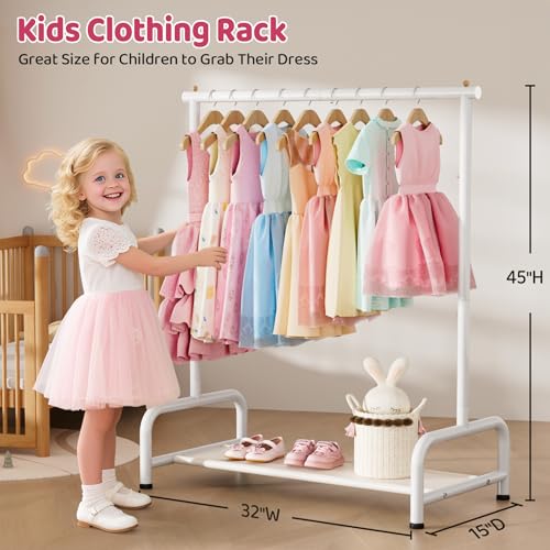 SLEEPING LAMB Kids Clothing Rack, Small Baby Clothes Rack with Bottom Storage Shelf, Kids Dress Up Rack Storage for Coats, Dance Costume Garment Rack for Hanging Clothes, White