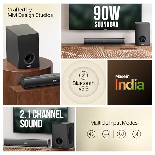 Image of Mivi Hip Hop 300 Soundbar with Subwoofer [2025 Launch], 90 Watts Compact Home Theatre Sound Bar and 1 External Sub-woofer, 2.1 Channel, Multiple Input Modes, Bluetooth v5.3, Made in India