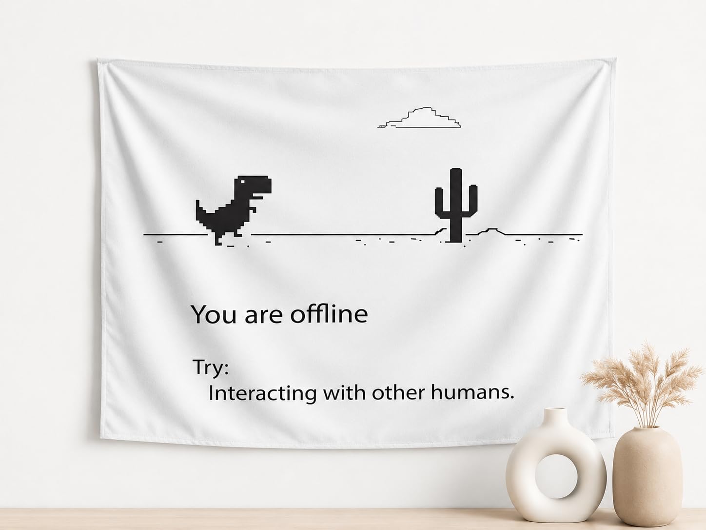 BeliCom You Are Offline Dinosaur Wall Hanging Tapestry for Bedroom, Dorm & Gaming Room Décor, Funny Internet Meme Wall Flag with Retro Dino Design, Polyester Fabric Wall Décor, White - 27 x 36 Inch-image-16