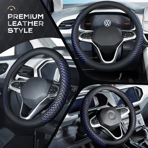 Image of Coverado Car Steering Wheel Cover, Nappa Leather Black & Blueline Steering Wheel Covers, Universal 14-15 inch, Anti-Slip, Breathable Steering Wheel Protector for Women Men