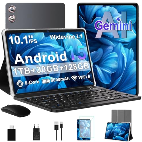 fezawio Tablet 10.1 Pulgadas Android 15 con Gemini AI, 30GB RAM 128GB ROM, Expandible hasta 1TB, Octa Core, WiFi 6, Widevine L1, 8000mAh, Incluye Ratón, Teclado y Funda, Gris