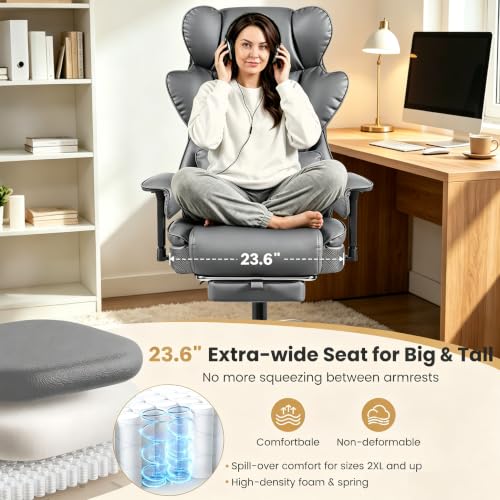 Image of Office Chair 400 LBS, Heavy Duty High Back Executive Desk Chair | 23.6 inch Extra Wide Seat with Footrest, Ergonomic High Back with Lumbar Support, 165 Recline, 3.2 inch Adjustable Padded Arms, Gray