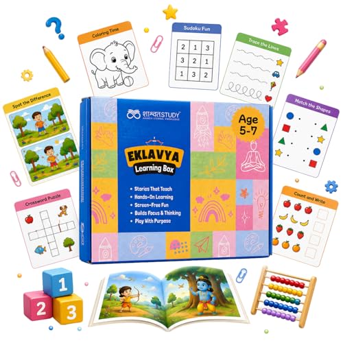 Image of SHASWATSTUDY 2-in-1 Eklavya Activity Box (Age 5-7) | Student Gift Kit with Story Book + Activity Games + Affirmations + Sanskrit Shlokas + Crafts & Puzzles