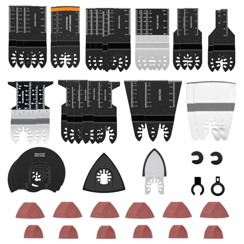154-tlg Multitool Sägeblatt Schleif Set, Bi-Metall & Japanzahn Klingen 10-88 mm, Halbrund & Präzision Sägeblätter 2 Edelstahl Scraper 120 Schleifpapiere, kompatibel mit Bo.sch Ma.ki.ta Dre.me.l