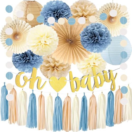 Decoración de baby shower azul claro y beige con pompones y faroles de papel para fiestas