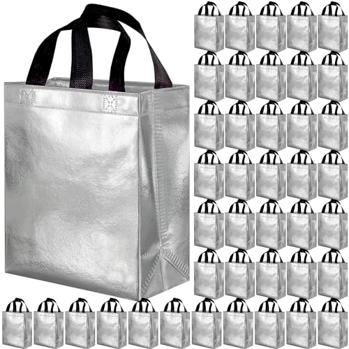 BLEWINDZ 100Pcs Reusable Gift Bags Medium Size 10.2 Silver Tote Bags with Handles - Ideal as Party Favor Bag Shopping Bag