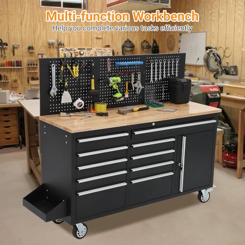 Image of 61 Inch Workshop Workbench with Locking Storage, Durable Steel Cabinet and 10-Drawer Organizer Under Solid Rubber Wood Top, Garage Work Station for Tools & DIY Projects