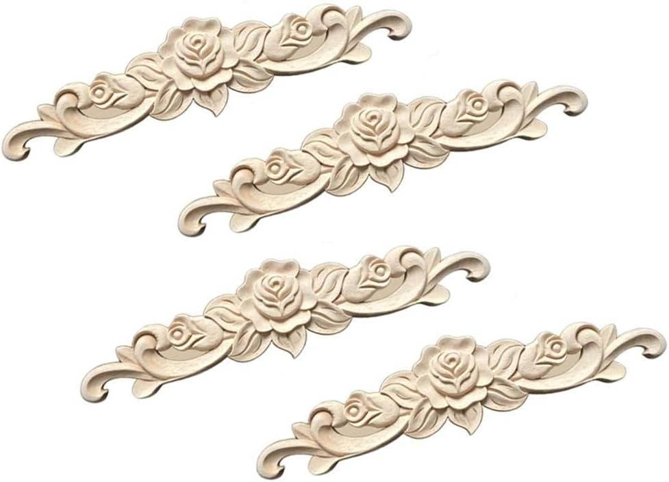 4 Pcs Wood Carved Decal British Farmhouse Style Wood Carving Wooden Roses Decorative Mouldings Furniture Wood Carved Rose Applique for Furniture Bed Door Decoration(30 * 7cm)
