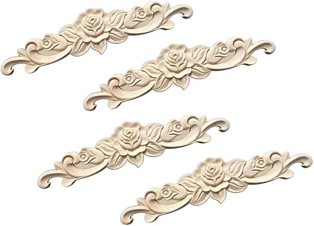 4 Pcs Wood Carved Decal British Farmhouse Style Wood Carving Wooden Roses Decorative Mouldings Furniture Wood Carved Rose Applique for Furniture Bed Door Decoration(30 * 7cm)