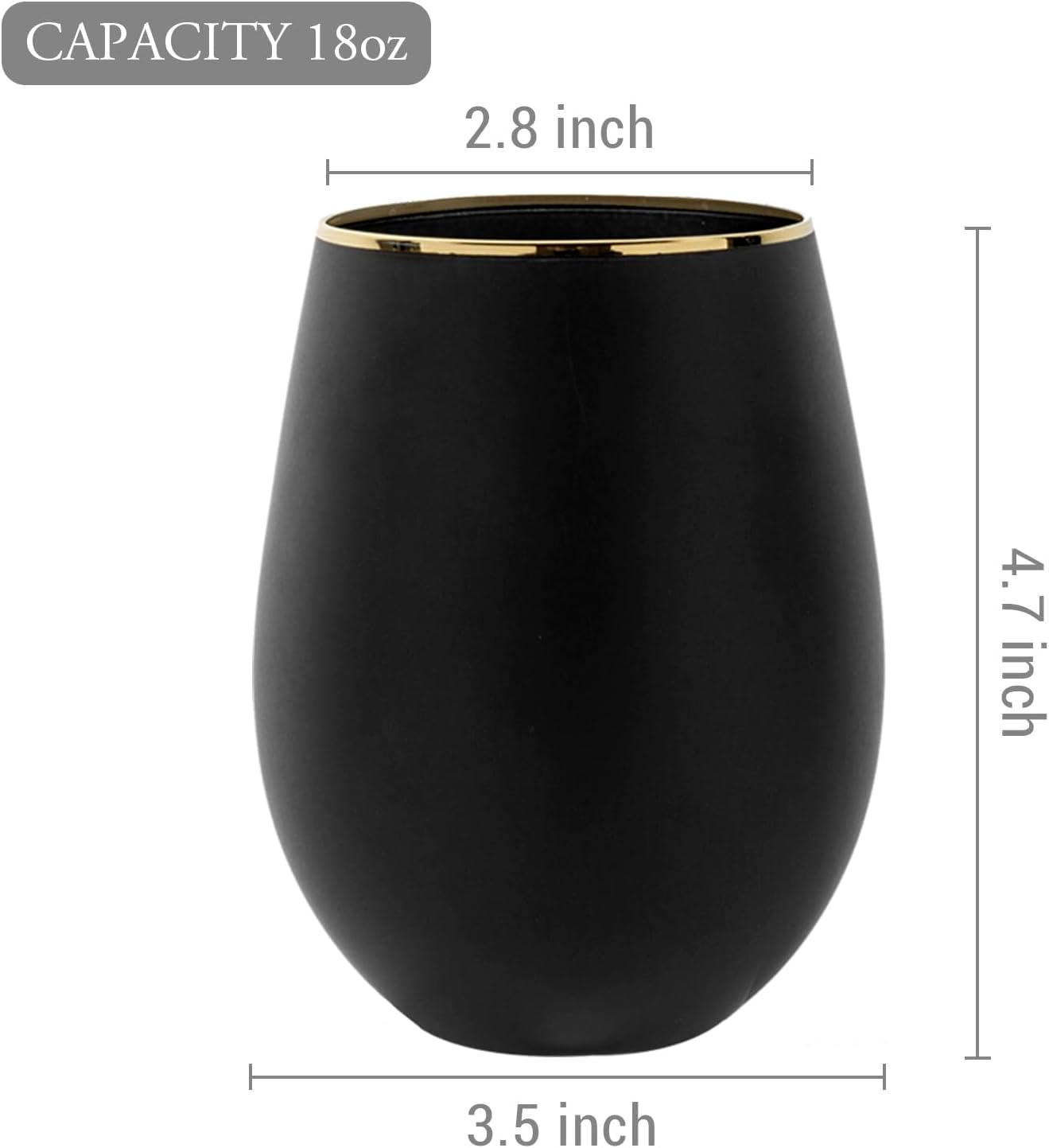 MyGift 18 oz Deluxe Art Deco Matte Black Stemless Wine Drinking Glasses with Gold Rim Accent, Cocktail Beverage Glass Drinkware Cups for Party Wedding, Set of 4