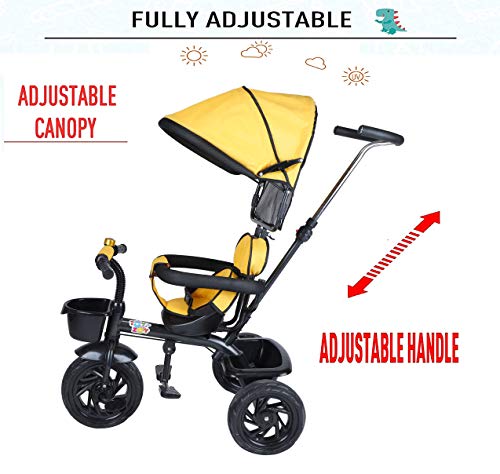 Image of JoyRide 3 in 1 Baby Tricycle Toddler Stroller Kids Pedal Tricycle w /Pusher Removable Canopy Safety Bar Storage Footrest for 18 Months to 5 Years (Yellow)