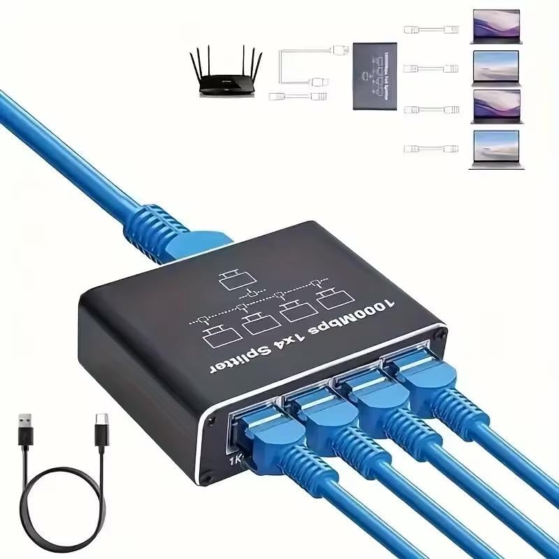 Image of Ethernet Splitter 1 to 4 Gigabit 1000Mbps - RJ45 LAN Network Adapter Hub with USB-C Power, Cat8 /Cat7 /Cat6 /Cat5e Compatible - Plug & Play Internet Cable Splitter for 4 Devices, Black ETHSP-1B4