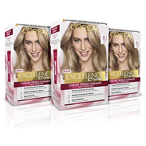L'Oréal Paris Excellence Creme Tinte Permanente 100% Cobertura Canas Tono 8.1 - Pack 3 unidades Cover