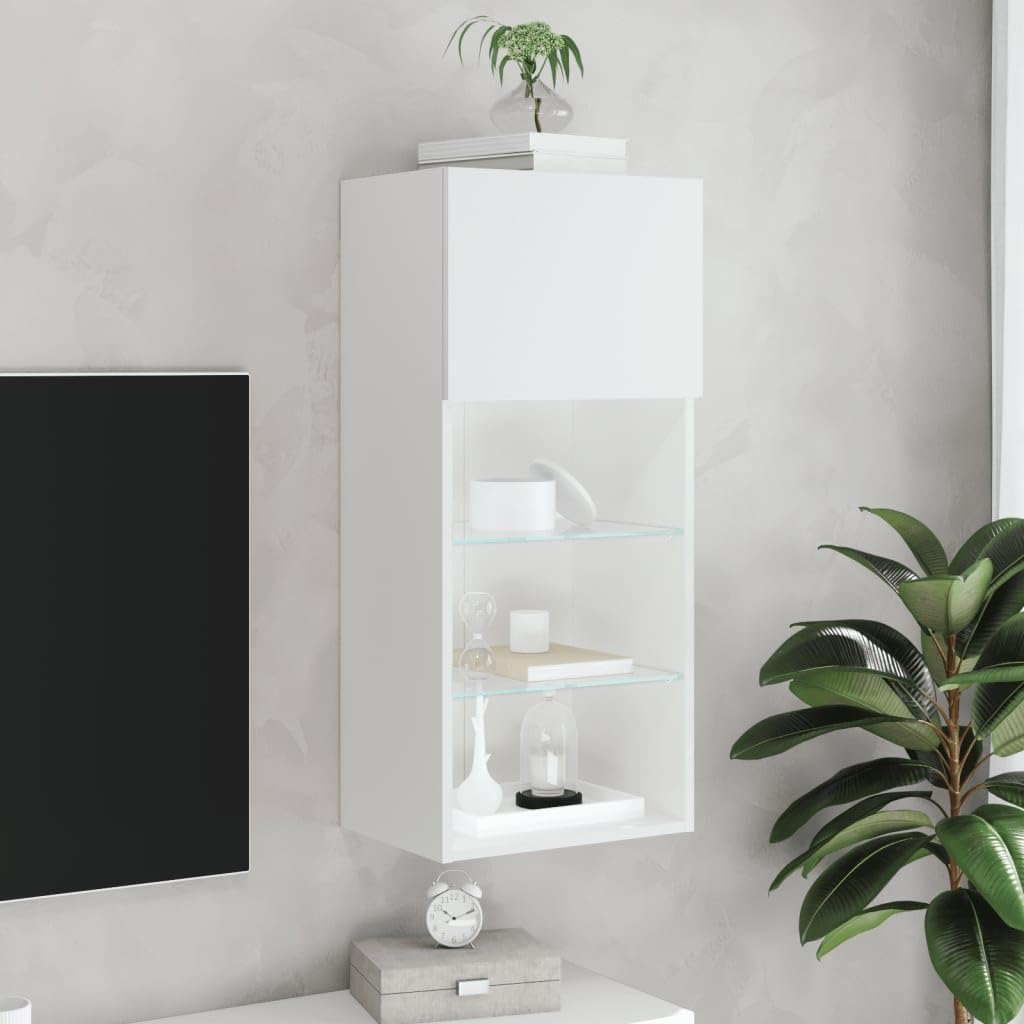 Mueble para televisión blanco con LED RGB para TV, 40,5 x 30 x 90 cm, material de madera, cristal, diseño moderno, montaje en pared, posible para salón, dormitorio, oficina