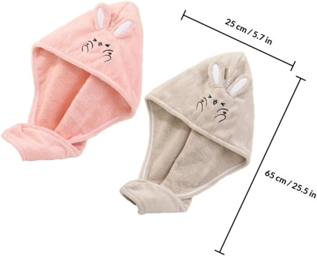 NOLITOY 2pcs Cute Rabbit Cartoon Hair Drying Towels for Women, Coral Fleece Thick Absorbent Quick-Dry Turban Wraps, Pink and Camel Colors, Suitable for Shower and Bath Use