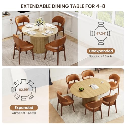 Image of MALOL 47 inch-63 inch Extendable Round to Oval Dining Table Chairs Set for 4-8, Modern Wooden Kitchen Table and Chairs with Hidden Storage and Fluted Design for Dining Room /Small Space(Natural Wood and Brown)
