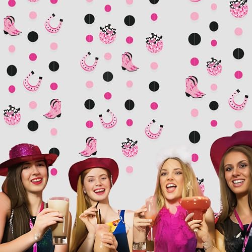 Image of Western Cowgirl Party Decorations Hot Pink Black Circle Dot Garland Streamer for Last Disco Let's Go Girls Retro Horse Rodeo Theme Bachelorette Birthday Engagement Hen Party Decorations Supplies