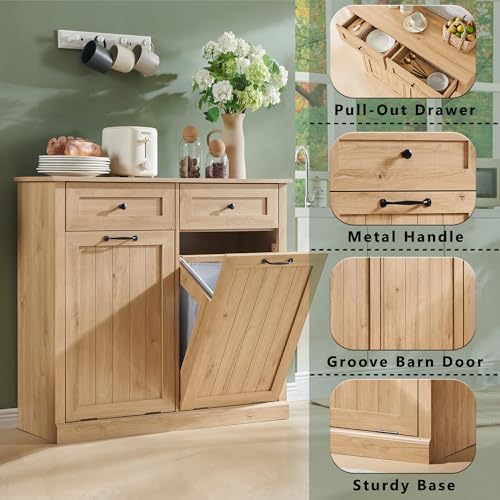 Image of IFGET Double Tilt Out Trash Cabinet, Wood Trash Can Cabinet, Natural