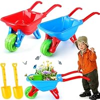 Motionchic 2 Set Kid Wheelbarrow Set, Kids Gardening Tool with Long Shovel Set, Pretend Play Indoor Outdoor Activities Gifts for Boys and Girls, Lightweight Plastic Wheelbarrow (Red Blue)