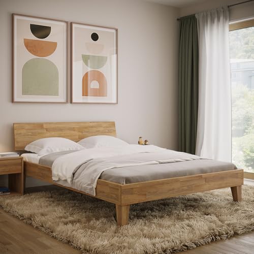 skølm Asgard Massivholzbett 140x200 cm - hochwertiges Holzbett aus Eiche mit Kopfteil – Bettgestell in Natur geölt - Bettrahmen 140x200 cm geeignet als Doppelbett - Futonbett