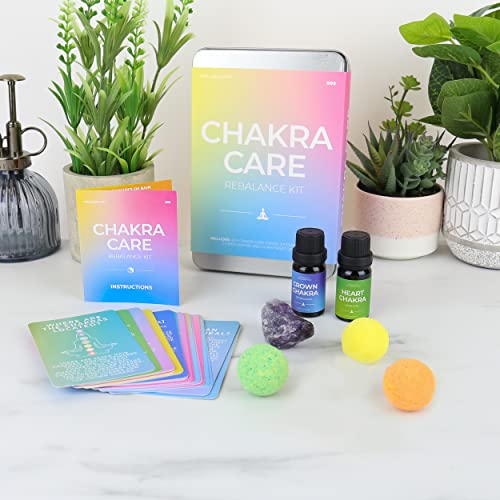 Gift Republic Chakra Care Rebalance Kit Wellness Gift Tin Essential Oils Amethyst Crystal Chakra Care Cards and 3 Bath Bombs Wellbeing Gift